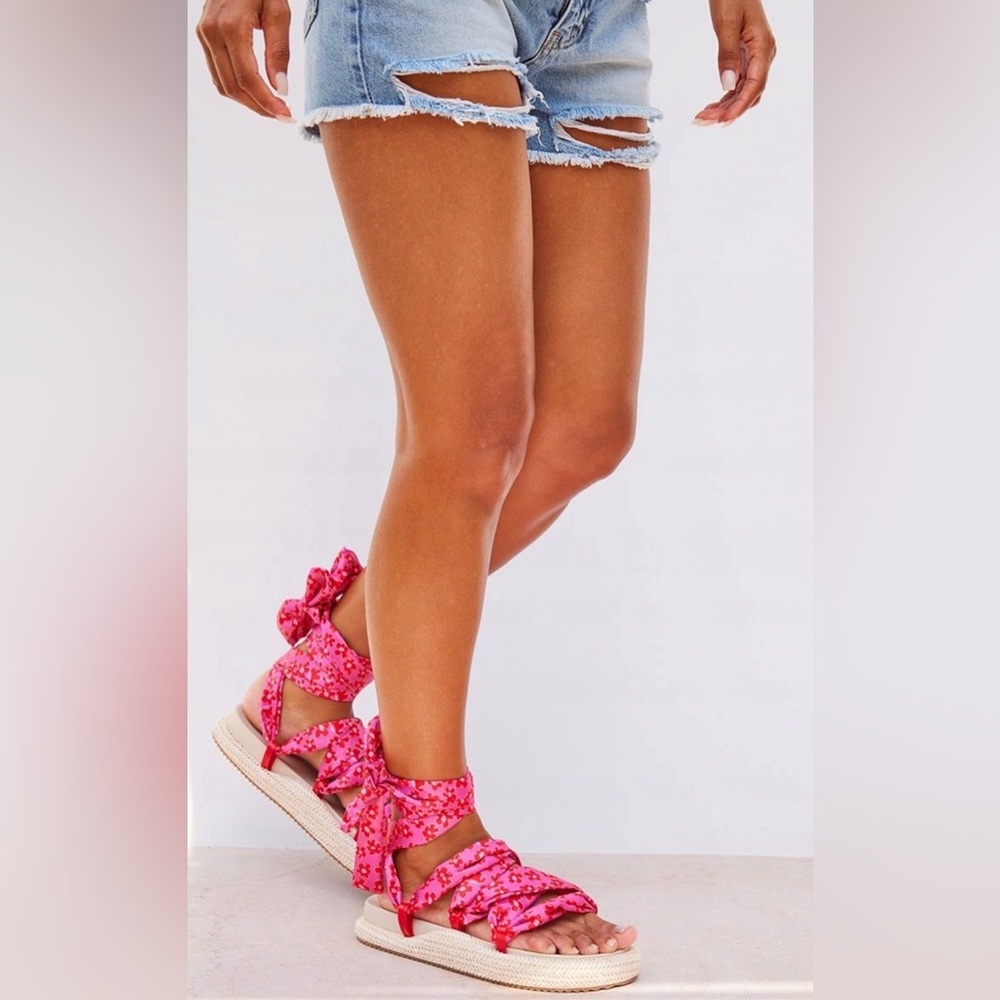PrettyLittleThing Pink Floral Lace-Up Sandals | Size 9 | Espadrille Sole